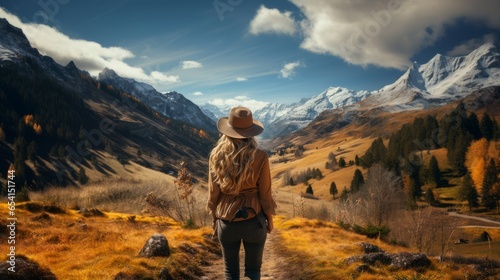 A young traveling girl with a hat in winter wilderness in a panoramic mountain landscape