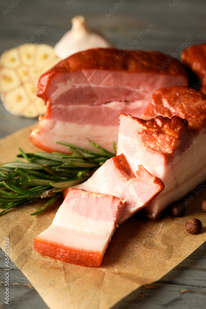 Meat food and tasty food concept - delicious bacon Meat food and tasty food concept - delicious bacon