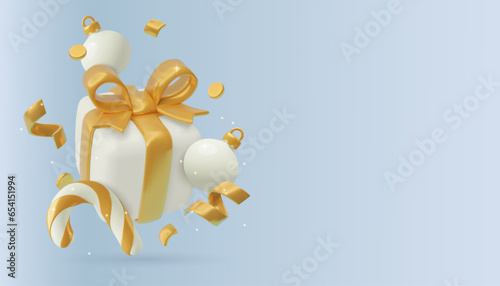 Christmas background with copy space and cute 3D white and golden gift box, candy cane, Christmas balls, flying confetti. Realistic three dimensional New Year and winter holidays vector banner design.