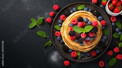 Delicious pancakes with fresh berries on a black stone background