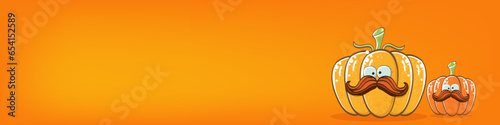 Funky Halloween or thanksgiving day horizontal banner with vector funny cartoon cute smiling friends pumpkins isolated on orange background.