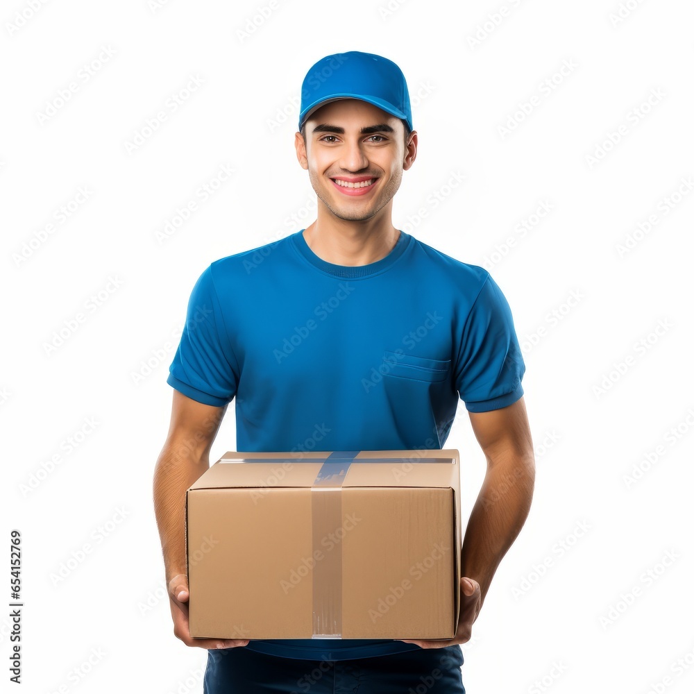 Young handsome smiling postman in a blue T-shirt. Man delivering cardboard box parcel. Isolated on white background Young handsome smiling postman in a blue T-shirt. Man delivering cardboard box parcel. Isolated on white background