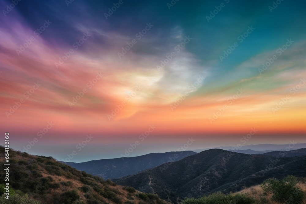 Gradient of colors in the sky across mountainous landscape. Generative AI