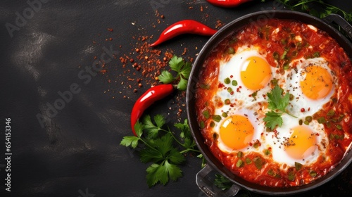 Shakshuka eggs in a pan on a black concrete background. photo