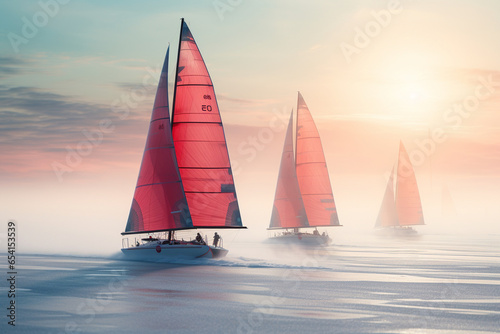 ice yachts speeding across a frozen lake during a competitive ice yachting race