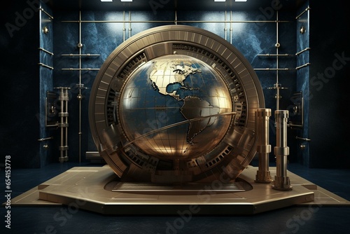 Global security and protection symbolized by an Earth globe and a bank vault. Generative AI