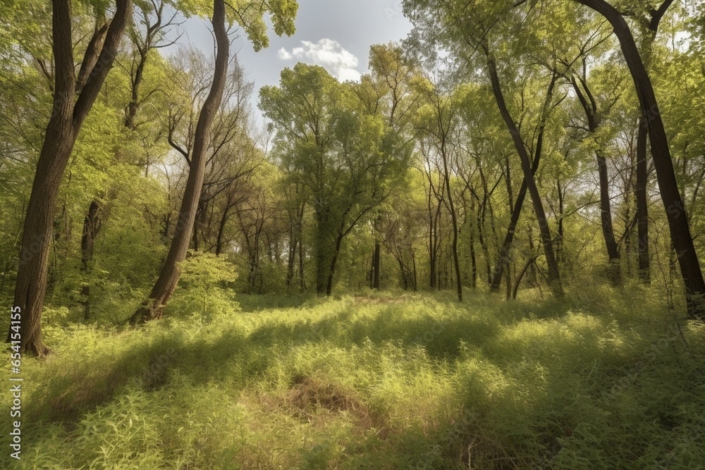 Fuzzy wooded area with trees in a natural park. Generative AI