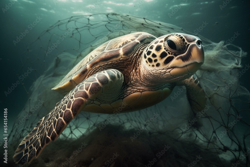An image depicting a trapped sea turtle caught in a fishing net, representing the harmful effects of pollution on oceanic creatures. Generative AI