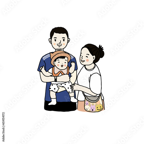 Asian happy family. Dad, mom, daughter together. Hand drawn style vector illustration. 