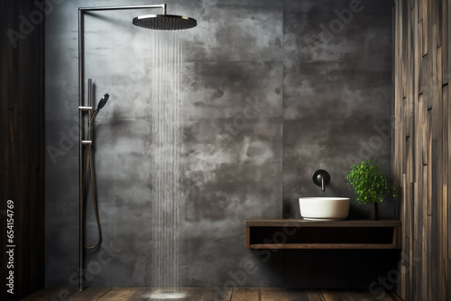 Industrial chic bathroom with rain shower head background with empty space for text 