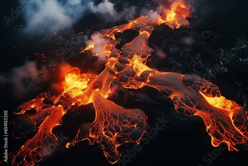 bird's-eye view of a volcanic outburst displaying molten lava. Generative AI