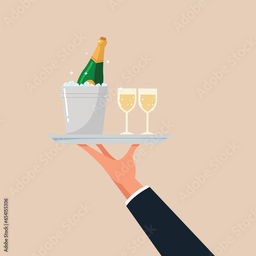 Human hand serving champagne with glasses. Waiter with tray carrying wine glass concept.
