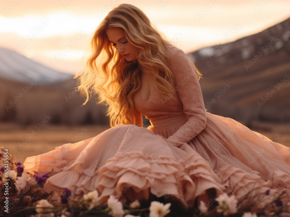 sunset in mountains, beautiful woman with large bouquet of flowers in light summer dress, Cinematic