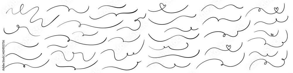 Handdrawn elegant swirls, swashes and divider lines in crayon pencil. Freehand flourishes for wedding invitation font. Paint brush wave doodle, vector Illustration - obrazy, fototapety, plakaty 