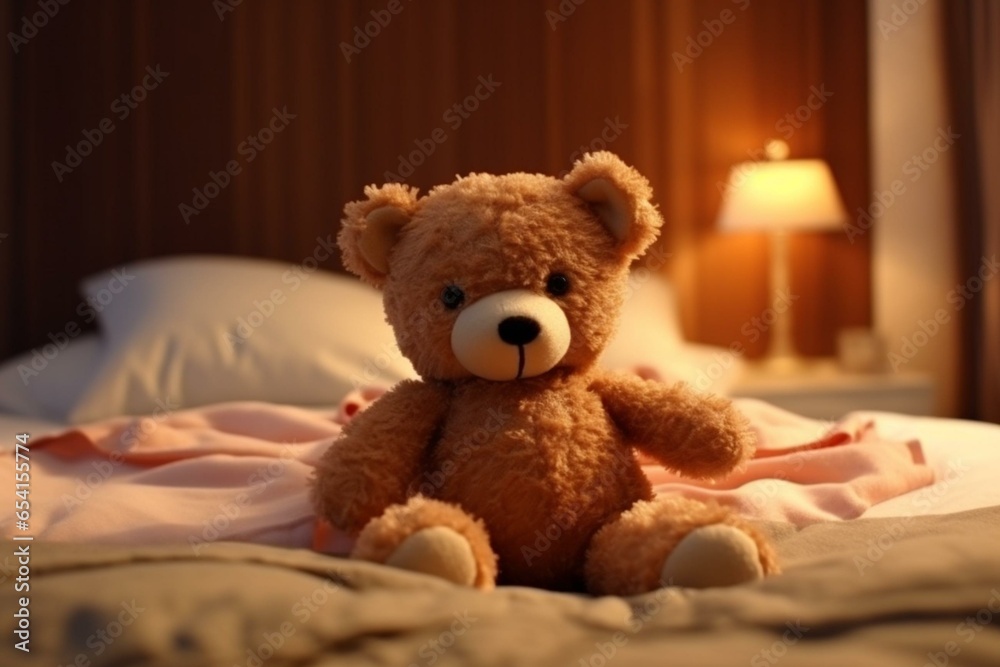3D cartoon style. Plush teddy bear. Collectable teddy bear on the bed. Generative AI