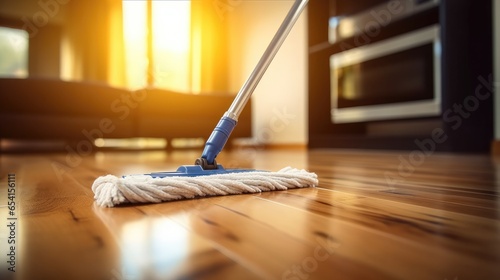 Cleaning with Mop, Cleaning tools on parquet floor.