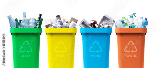 Collection of recycling bins with different types of waste photo
