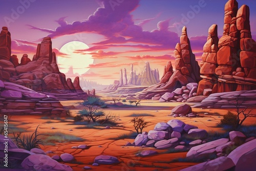 An extraordinary desert scene with majestic rock formations and a vibrant purple sky. Generative AI