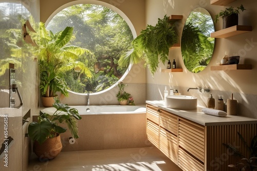 Contemporary bathroom with eco-friendly elements  sunny tile wall with window shadows  sustainable design featuring an urban jungle and biophilic interior. Generative AI