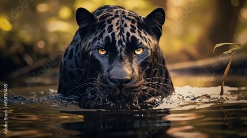 Panther in river at forest.