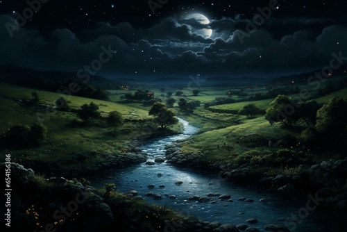 A breathtaking serene meadow with a clear nighttime stream, captured in a stunning aerial view with a touch of fantasy. Generative AI