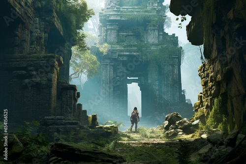 An explorer in ruins, stands near an ancient, decaying temple covered in vegetation. Generative AI photo