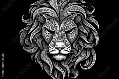 Graphic novel style lion head with Maori tattoo art, isolated against black background. Generative AI