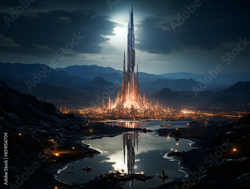 3D rendering of a space ship in the moonlight future city