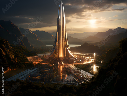 Futuristic city in the evening with a rocket