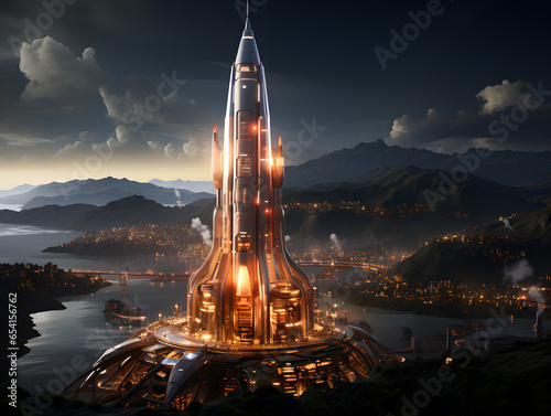3D rendering of a space ship in the moonlight future city