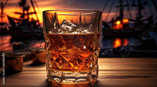 Glass of whiskey with ice.
