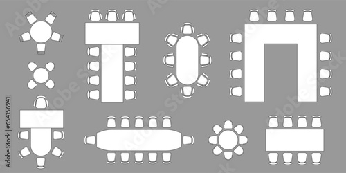 Office Furniture elements top view vector set. Kit for plan of auditorium, classroom, house, workspace. Collection of Interior icon. Table, chair, sofa, plant. Symbol for interior design, project