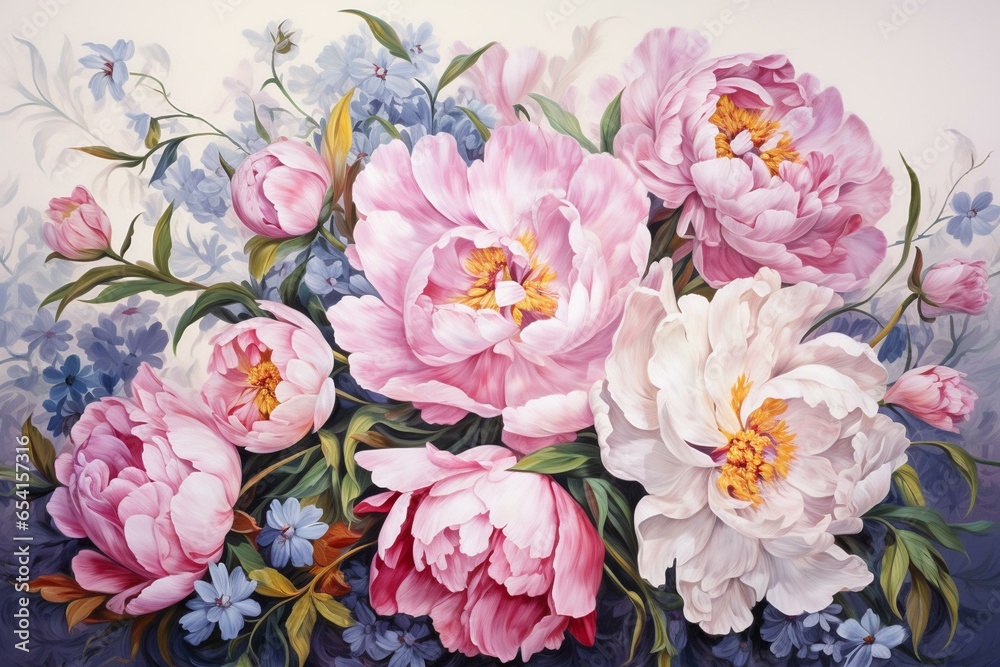 Hand-painted peonies, pastel floral backgrounds, vintage floral, watercolor abstract, highly detailed, beautiful flowers and leaves. Generative AI
