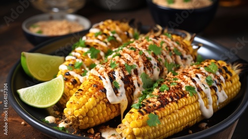 Grilled Mexican corn with mayonnaise.
