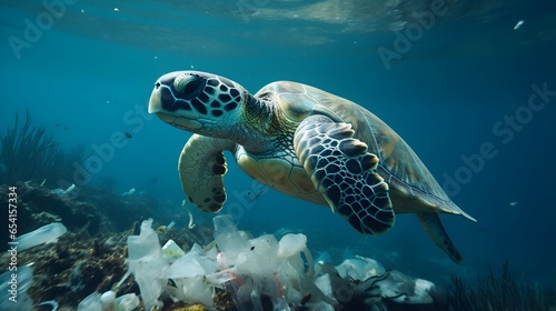 Sea turtle swim in the ocean with plastics pollution © sophon21