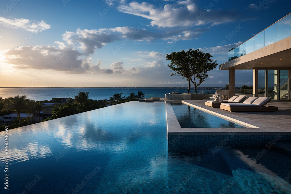 photo of an infinity pool with a stunning view of the ocean, where the water seamlessly merges with the horizon