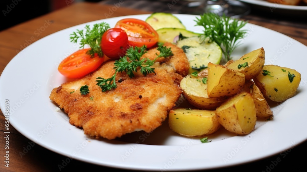 Schnitzel with potatoes and vegetables.