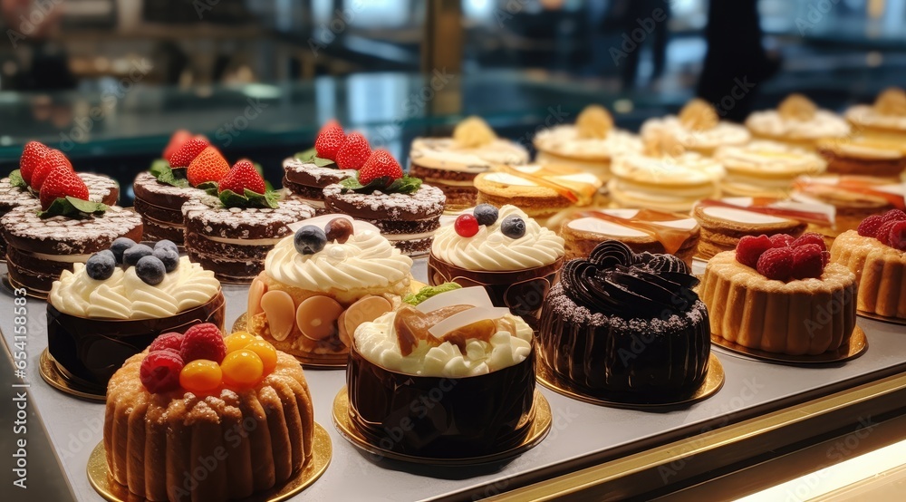 Small cakes on display at the patisserie counter. Small cakes on display at the patisserie counter.