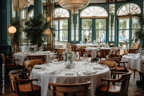 The white round banquet tables in the restaurant. Stylish event decor.