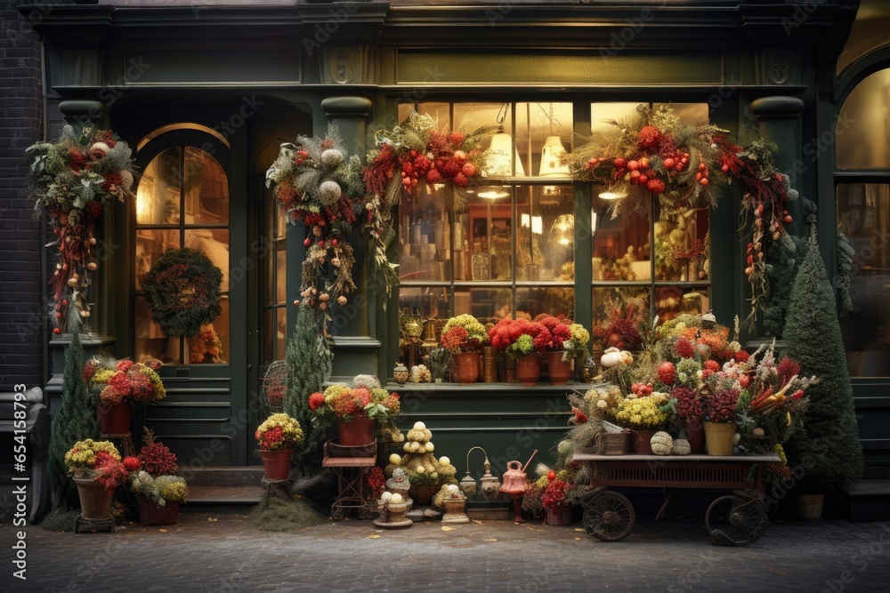 A flower shop with colorful flowers and Christmas decorations