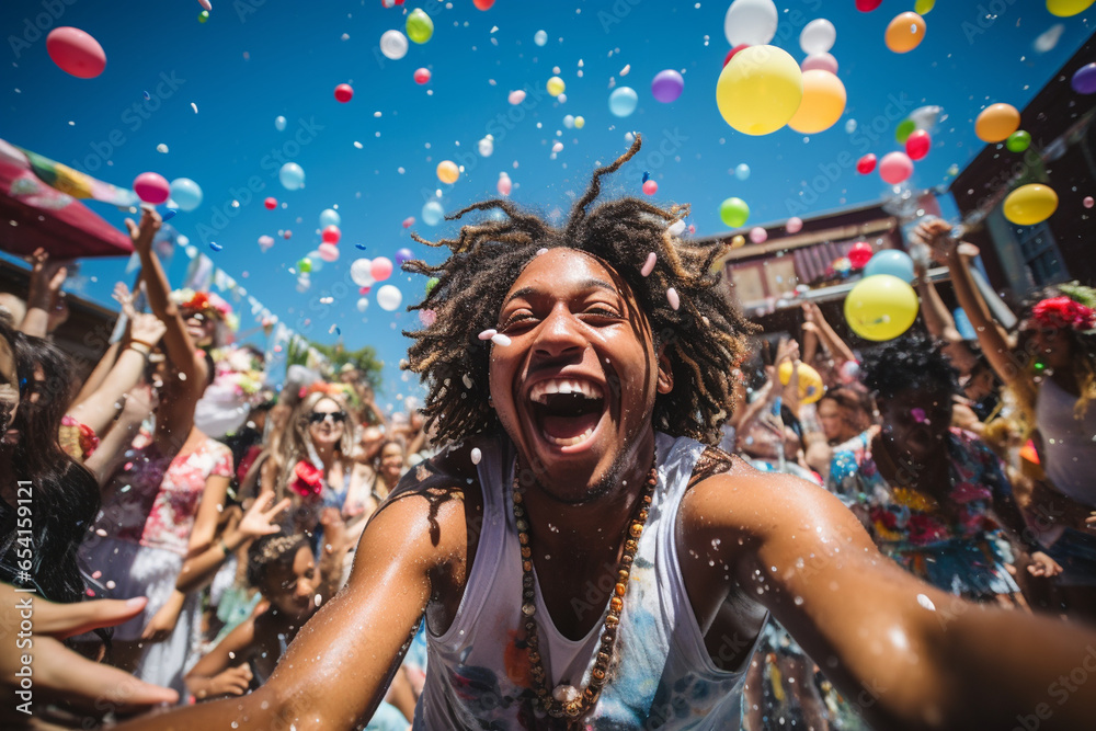 photo capturing the moment of a splash during a lively pool party, with water balloons, laughter, and joyful chaos