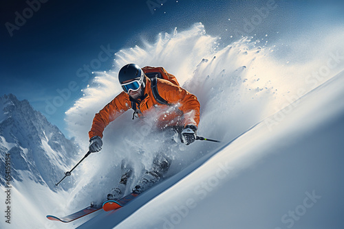 photo capturing a skier gracefully descending a pristine, powdered mountain slope