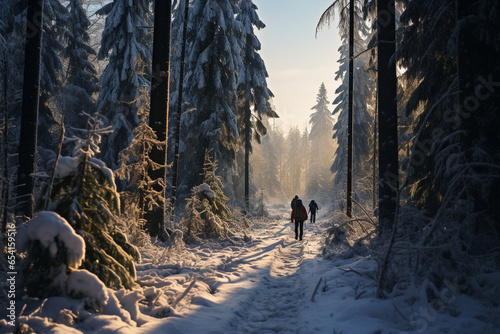 photo of cross-country skiers gliding through a serene snow-covered forest trail