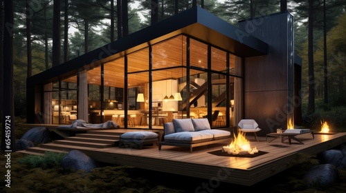 Exterior luxury glass cottage in the woods at night, Modern cabin house in deep forest.