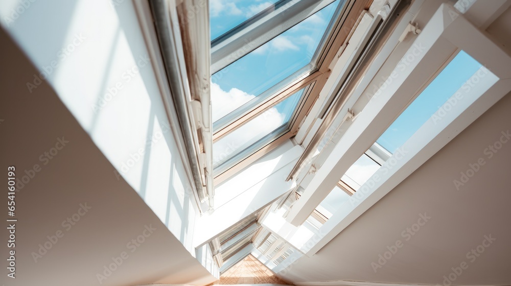 Obraz premium Open skylight roof window on slanted ceiling in attic room at modern home.