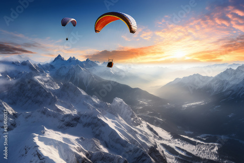 photo of paragliders soaring above snow-covered mountains, showcasing the beauty of winter paragliding