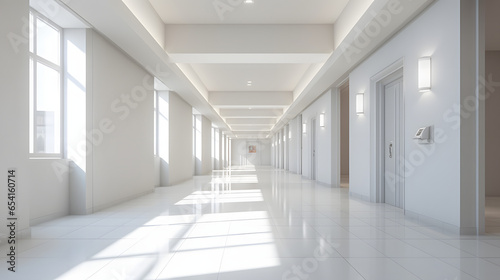 A modern apartment  office  or clinic entrance hall contains a spacious  bright  and deserted corridor adorned in pristine white.