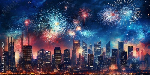 Colorful Fireworks at Night with View of the Cityscape. New Year Celebration © Resdika