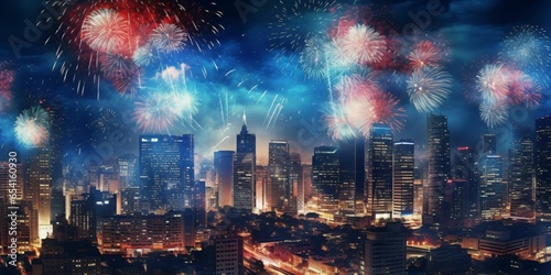 Colorful Fireworks at Night with View of the Cityscape. New Year Celebration