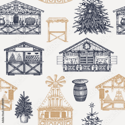 Christmas market stalls background. Hand drawn vector illustration. Winter holiday seamless pattern. Wooden kiosk, Christmas tree, candy shop, bakery, fast food, mulled wine sketches